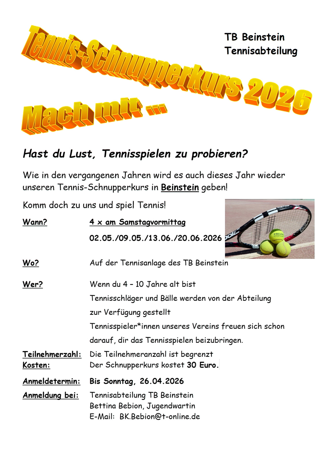 Tennis-Schnupperkurs für Kinder