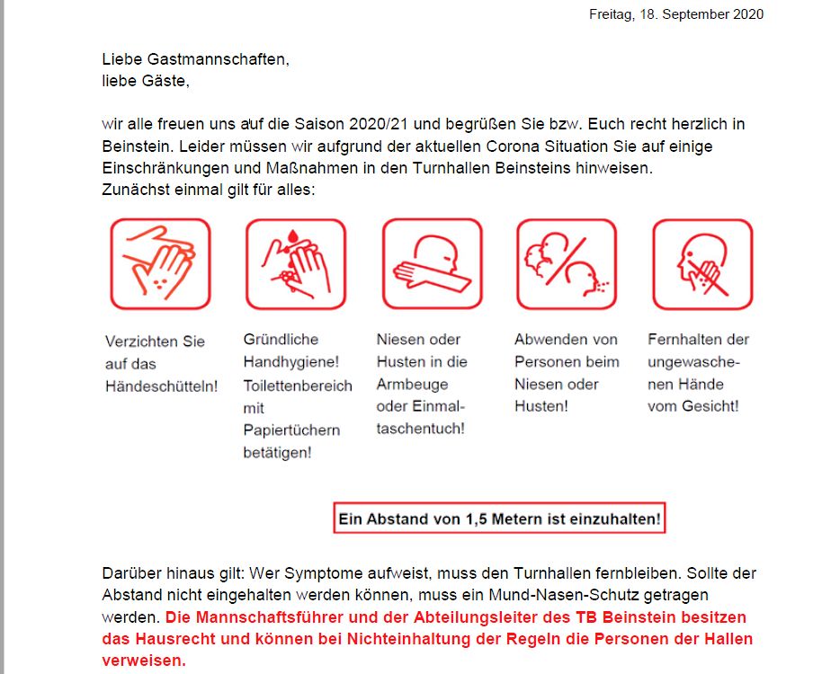 Coronaregeln TBBeinstein Screenshot